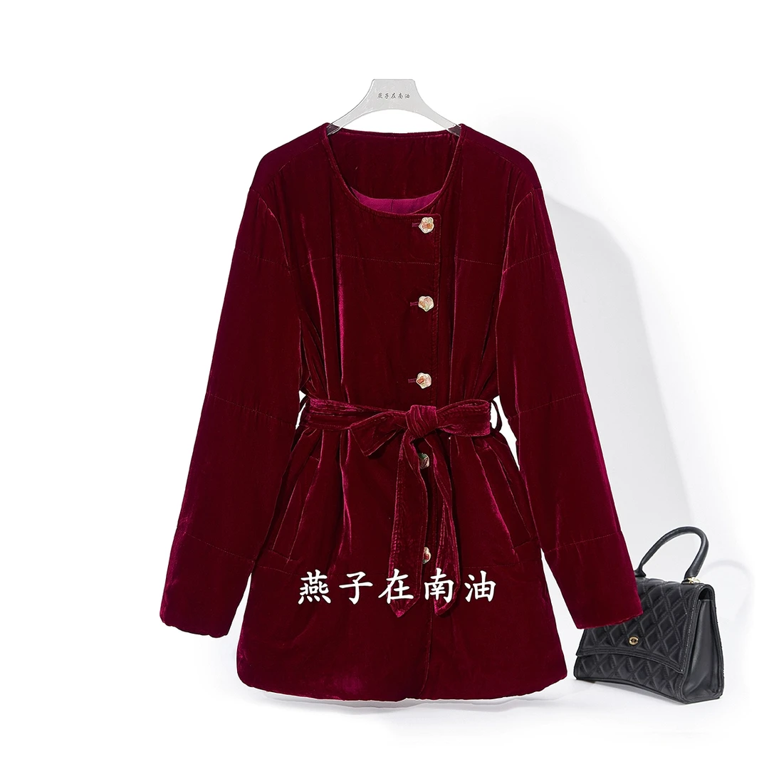 【燕子在南油】秋冬衣长78中长款真丝丝绒棉服外套2534