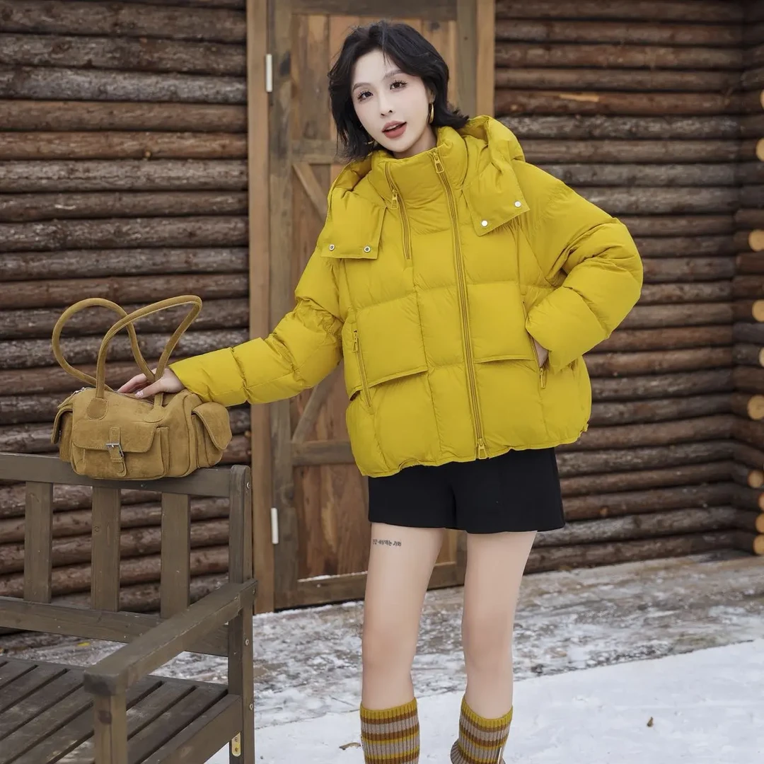 新国标白鸭绒短款连帽拼接宽松百搭时尚女冬季外套