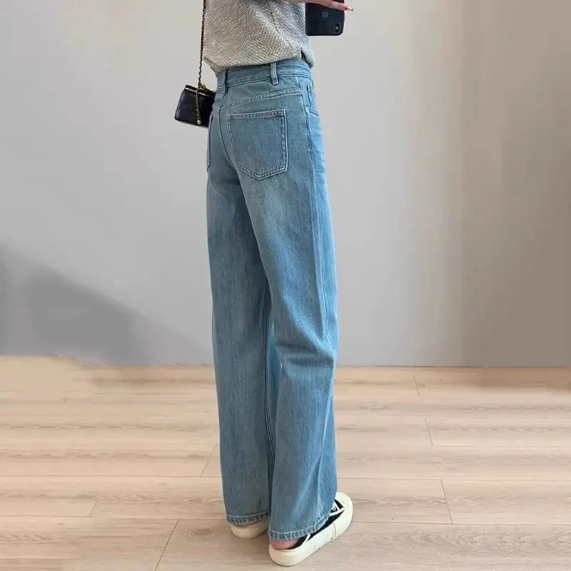 梨型身材浅蓝色小个子窄版阔腿牛仔裤女2025新款美式高街直筒裤子