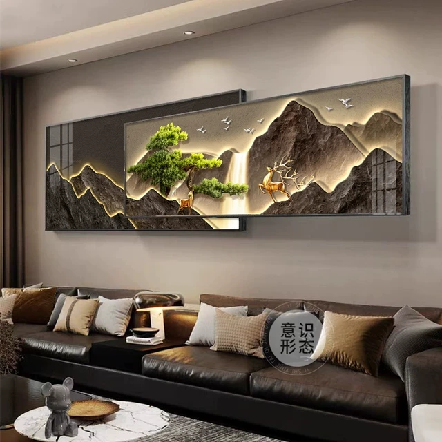 流水生财客厅装饰画新中式迎客松沙发背景墙挂画轻奢大气叠加壁画