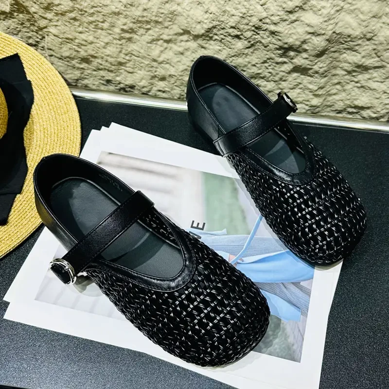 欧洲站2025春夏季新款编织镂空玛丽珍单鞋平底芭蕾舞鞋凉鞋