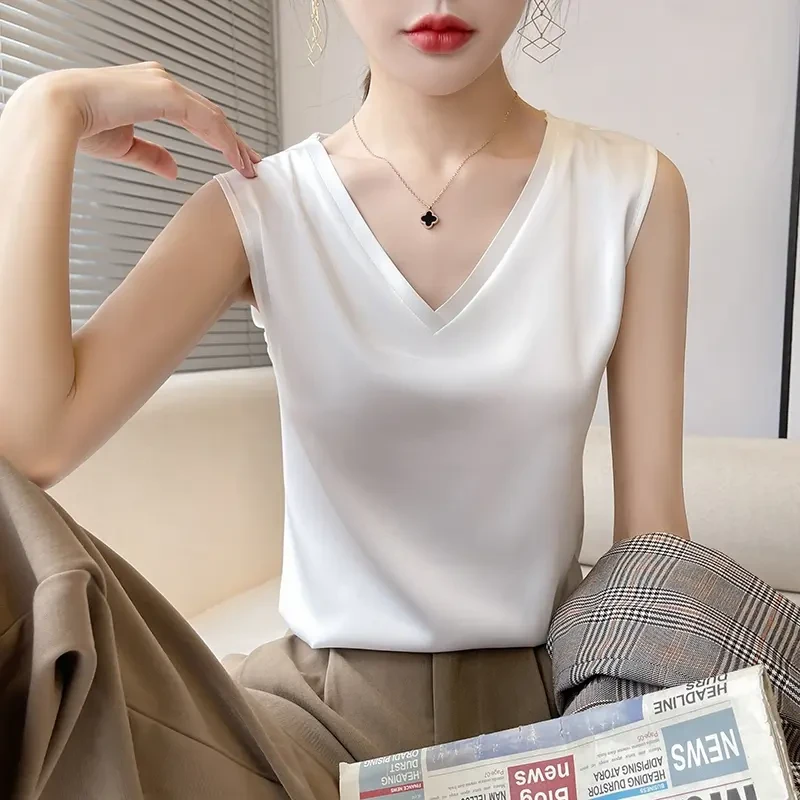 V领无袖吊带背心女春夏缎面西装内搭高级感薄款打底衫上衣