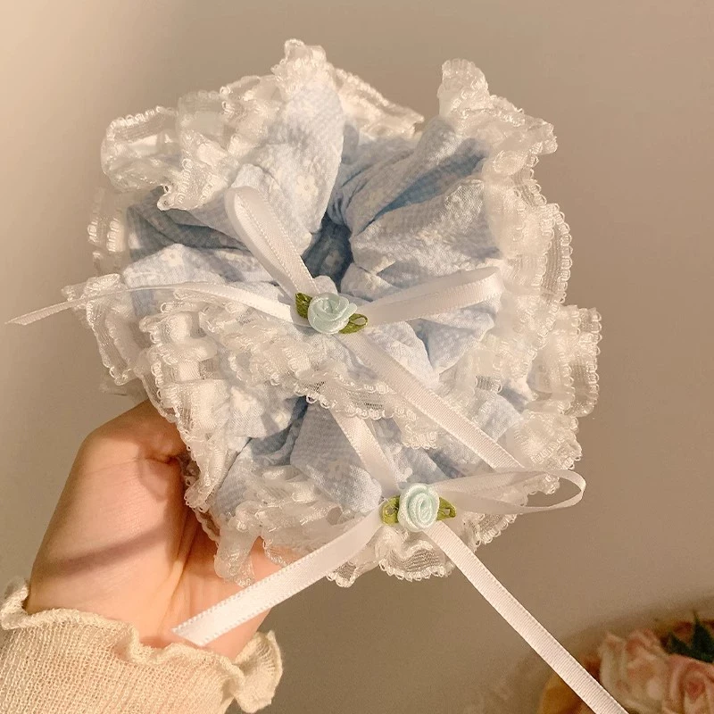 可爱海盐少女~蓝色蝴蝶结蕾丝大肠发圈女感韩系甜美花朵头绳发饰