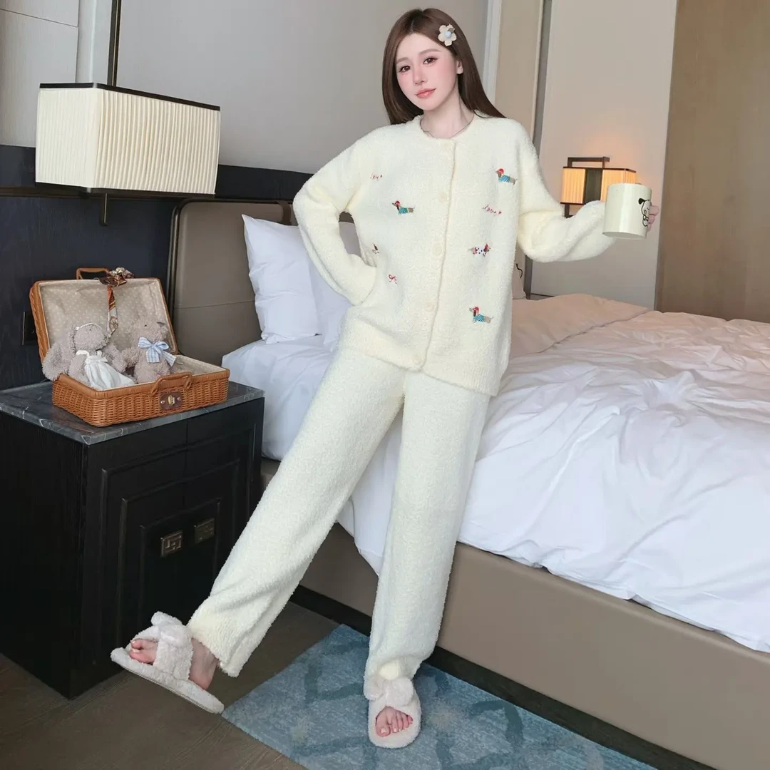 腊肠狗卡通圆领半边绒长袖开衫秋冬女士保暖家居服