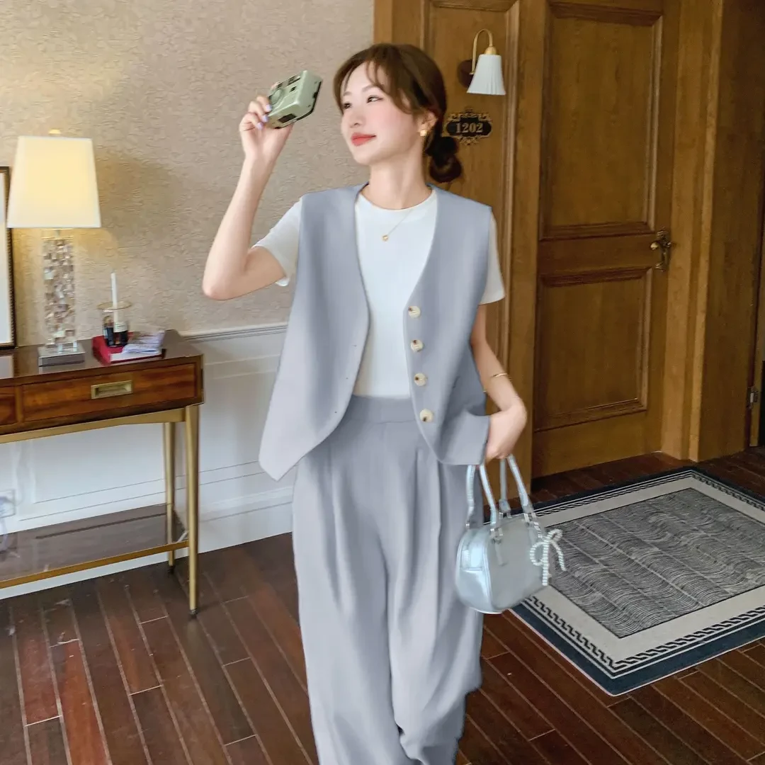 【丹文老师】西装马甲套装女2025夏新款韩系减龄穿搭阔腿三件套