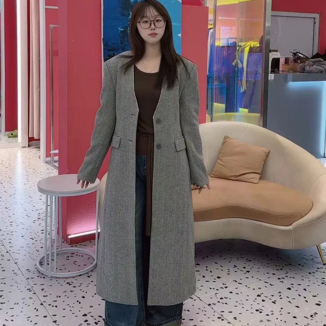 【S220】V领垫肩大衣女冬季加厚长款休闲