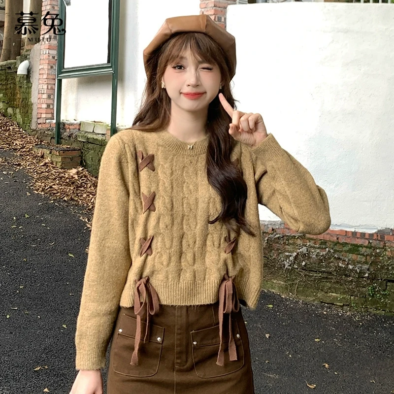 慕兔复古系带灰色长袖针织毛衣女2024新款秋季设计感小众宽松上衣