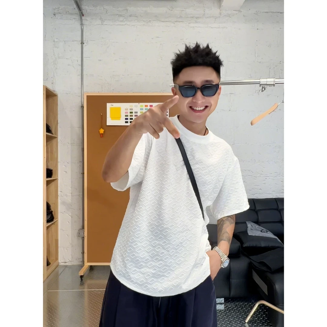 【语乐3店】2860冰丝提花小方块纹理感短袖T恤夏季高弹休闲圆领半袖