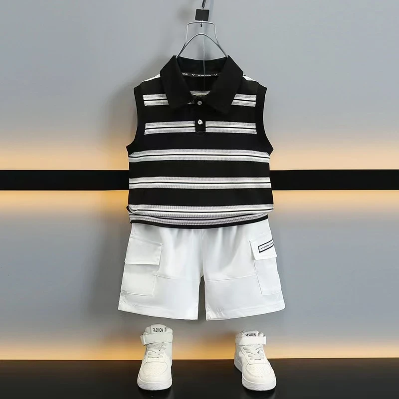 儿童韩版条纹POLO套装男童夏款帅气无袖衫短裤两件套涂料时尚潮帅
