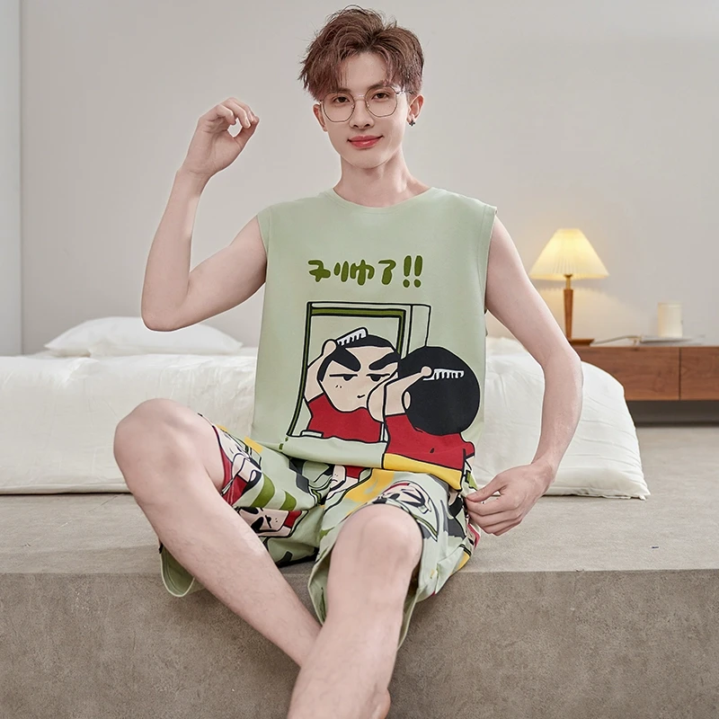 维多利亚蜡笔小新男士睡衣夏季薄款纯棉青少年学生大码背心无袖家
