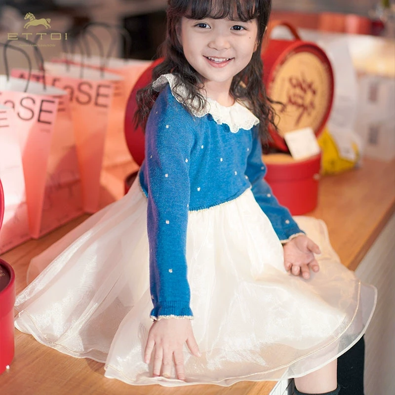 【朗姿集团】ETTOI童装春秋蓝色毛针织拼纱网纱女童连衣裙娃娃领