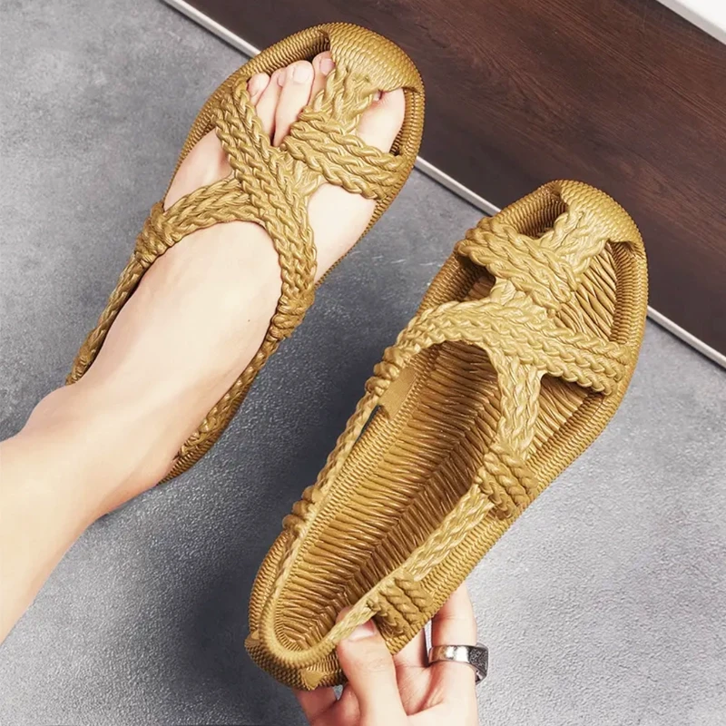 复古藤编设计仿草鞋男款凉鞋软底透气男女沙滩鞋休闲开车鞋洞洞鞋