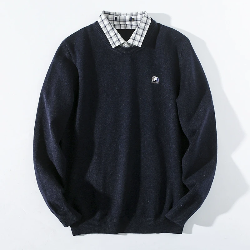 商务休闲衬衫领假两件针织衫秋冬季套头打底衫毛衣男 23XH0151