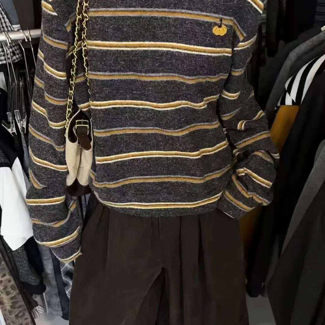 2025秋季羊绒长袖秋冬条纹刺绣南瓜打底衫