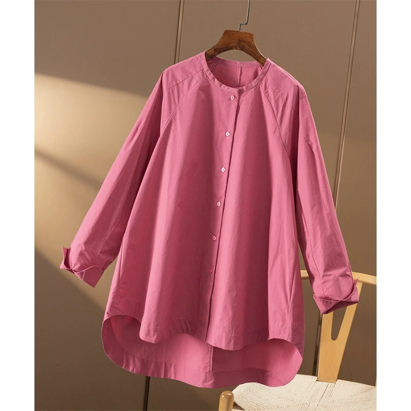 春天家 法柜 纸片人 美醉桃粉 宽松廓形圆领40支100棉衬衫女0Z62