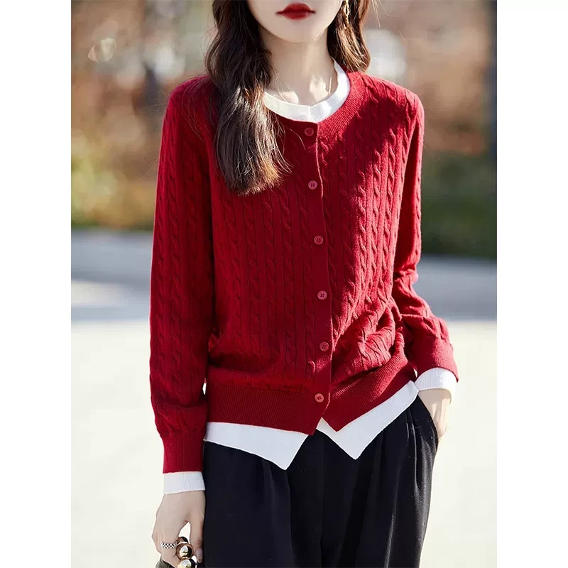 复古红色麻花撞色假两件针织开衫女短外套毛衣新款高级感上衣外搭