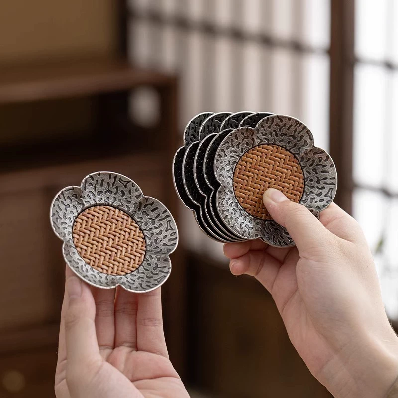 仁唐新中式合金藤编杯垫创意茶杯托复古花型功夫茶道配件隔热垫
