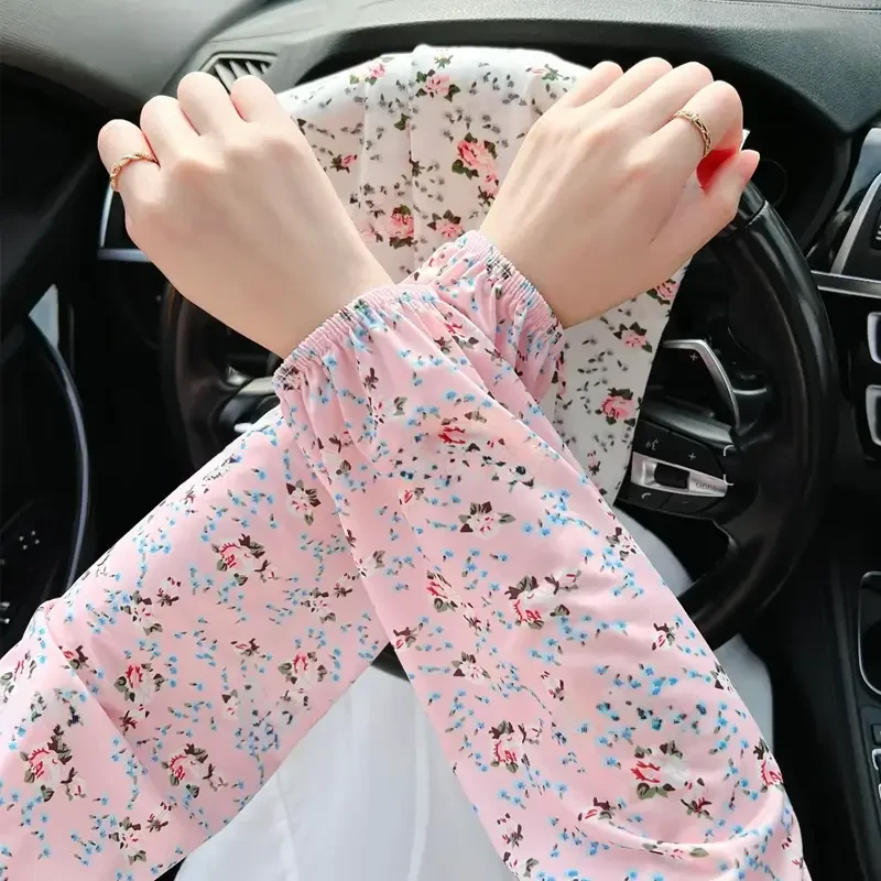 新款碎花冰丝冰袖女夏季弹力护手臂长款手袖干活骑车宽松大码袖套