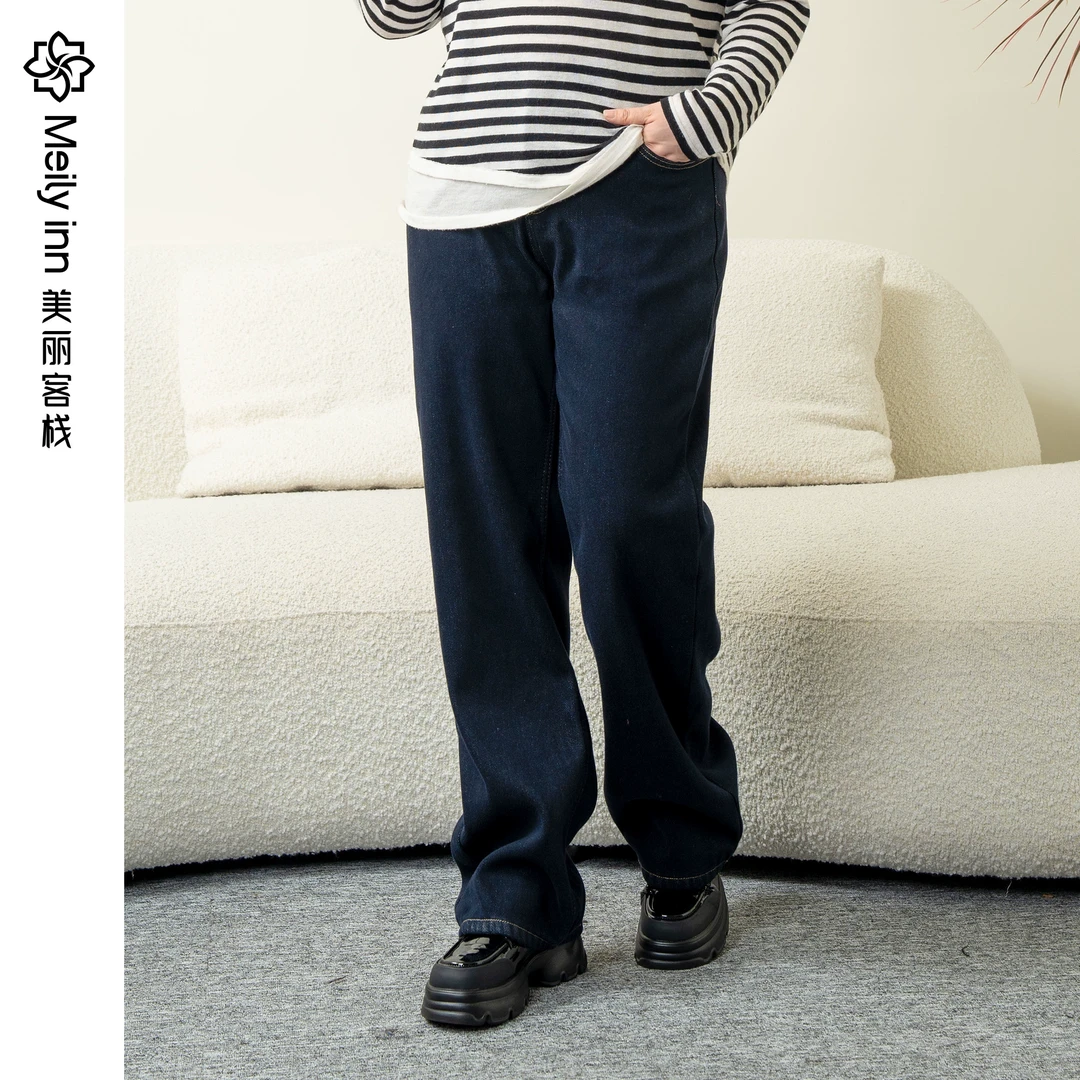 美丽客栈女装植绒加厚牛仔裤女直筒裤慵懒加绒大码休闲裤