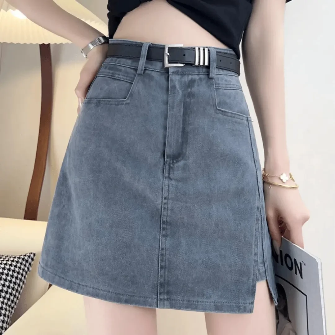 显瘦半身裙牛仔高腰显瘦气质防走光裙子包臀短裙女开叉A字裙春秋