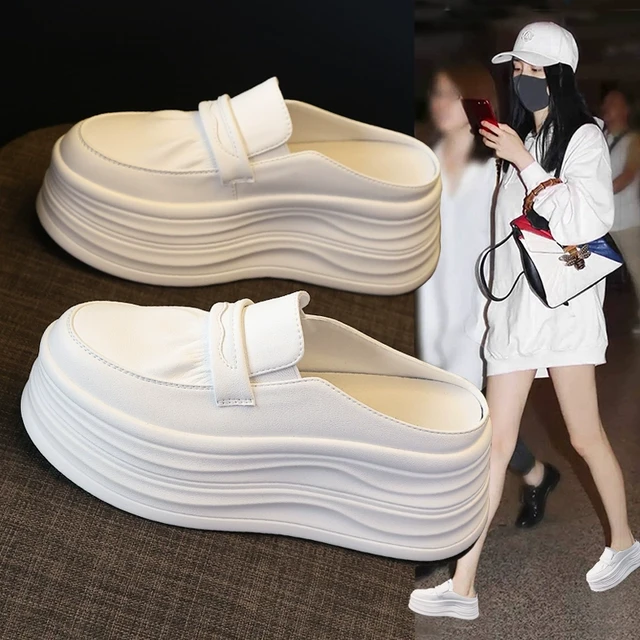 内增高厚底包头半拖鞋女2025夏季新款外穿松糕懒人休闲真皮小白鞋