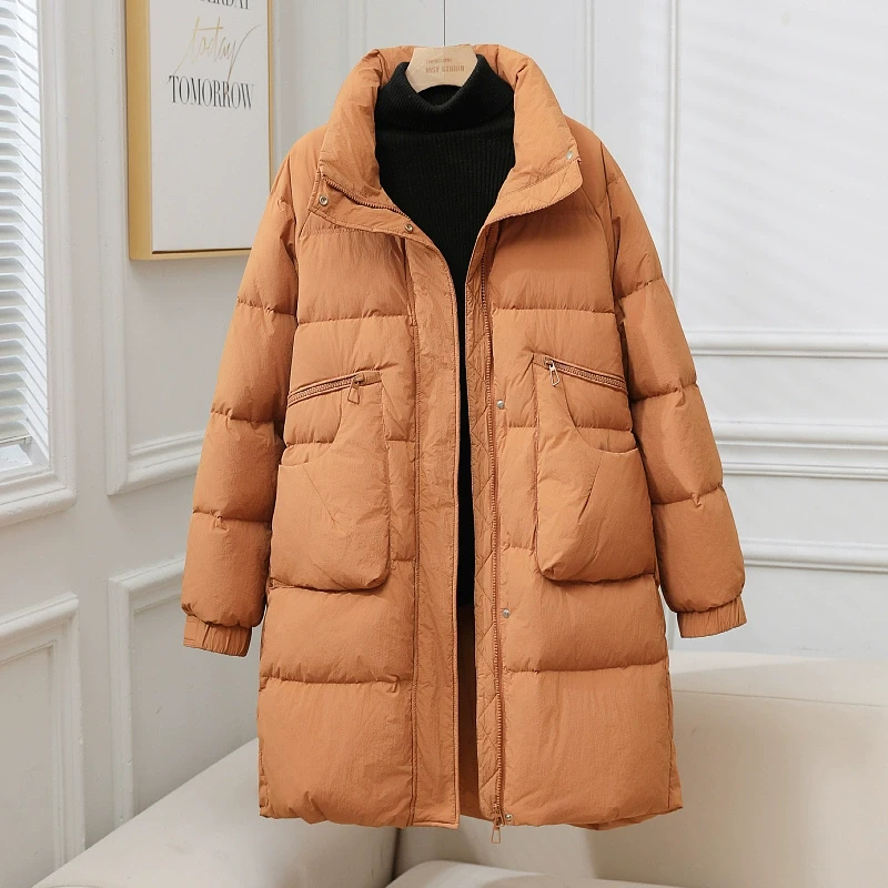 2025年秋冬季新款羽绒服女中长款过膝连帽加厚宽松白鸭绒保暖外套