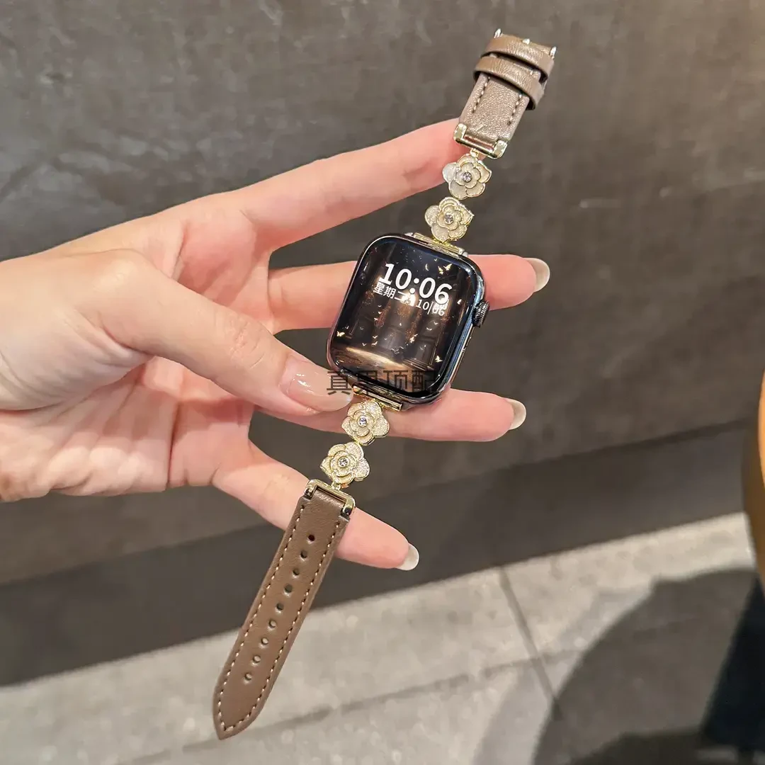 适用苹果iwatchs11手表带s10山茶花拼真皮applewatch女款s9腕带se