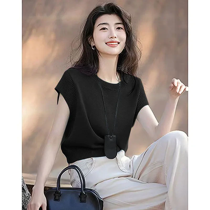 2025新品女夏季薄款圆领短袖纯色百搭飞飞袖冰丝针织衫显瘦上衣