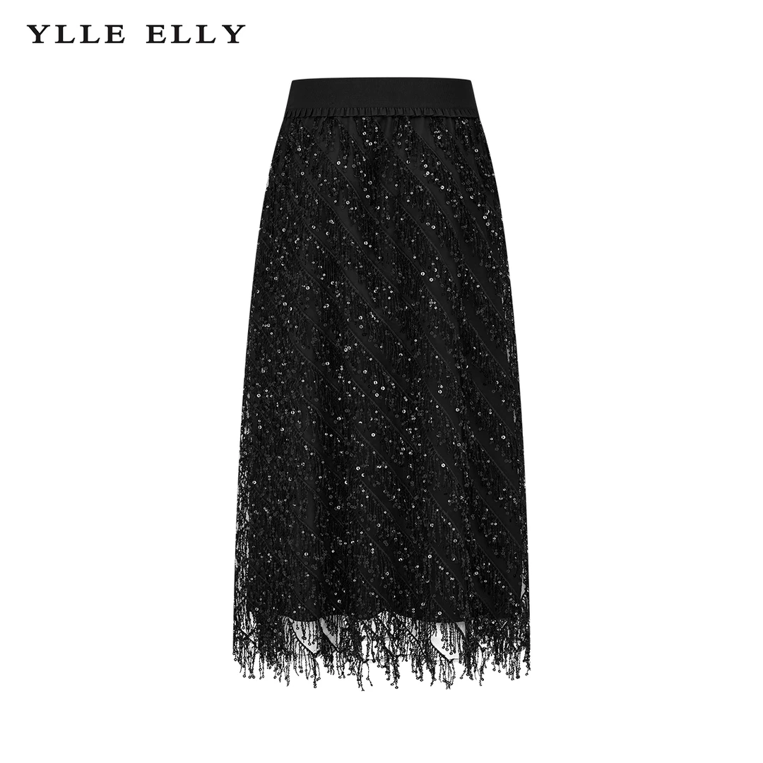 【曼德诗】浪漫半身裙2023冬季新款弹力网纱小黑裙女Y207306743