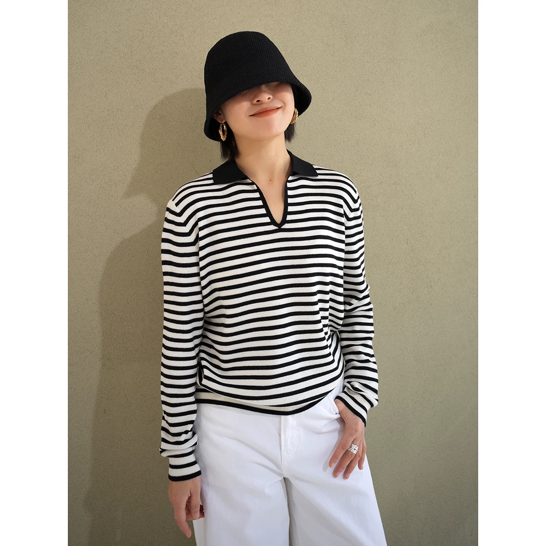 明快黄+黑色条纹全羊毛复古polo领上衣女士微宽松套头针织衫DD402