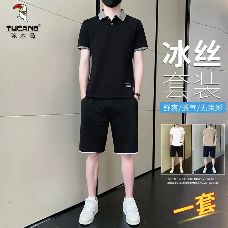 啄木鸟休闲短袖套装Polo衫男士帅气新款运动时尚男款棉质