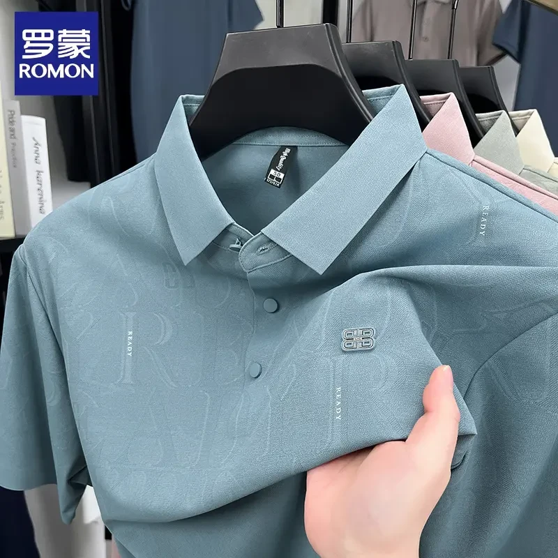 罗蒙夏季冰丝短袖T恤男翻领高端商务凉感POLO衫宽松中年爸爸体恤