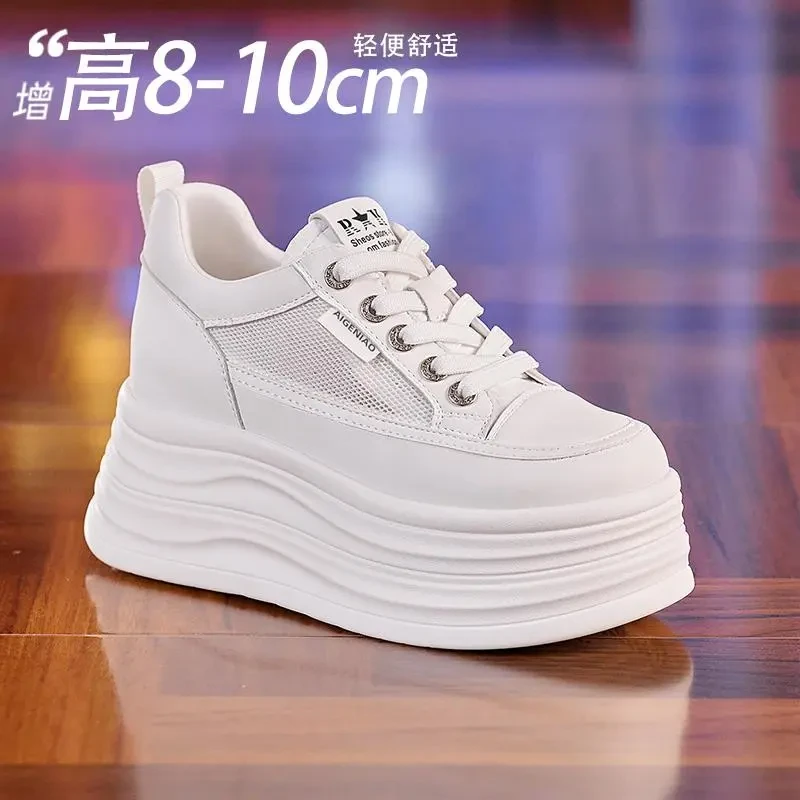 轻便小白鞋女2025春季新款网面透气白色板鞋矮子乐厚底内增高女鞋