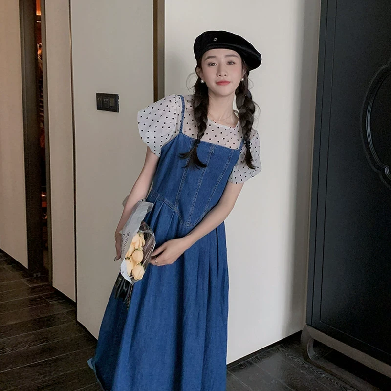 牛仔连衣裙套装女夏季新款韩系甜美设计感波点上衣背带裙两件套潮