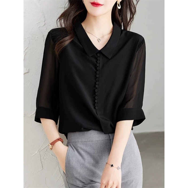 翻领黑色雪纺衫女2025夏季时尚显瘦减龄气质漂亮小衫薄款中袖上衣