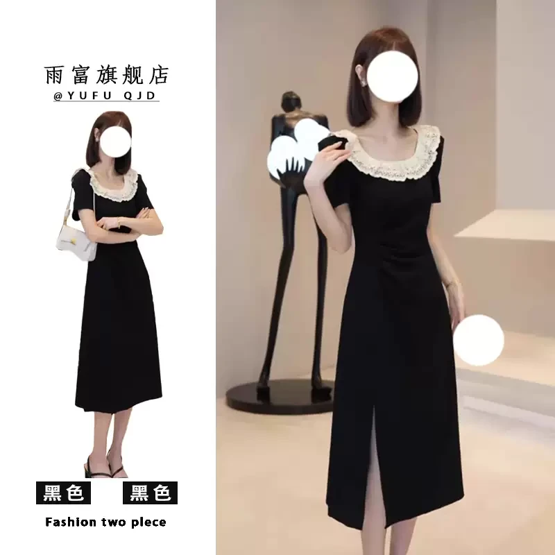 法式赫本风蕾丝方领短袖连衣裙子女夏季新款气质收腰显瘦开叉长裙