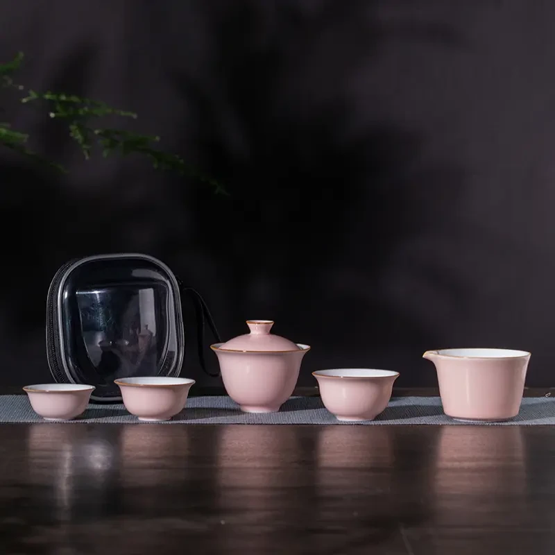 便携式旅行茶具陶瓷快客杯一壶三杯茶具盖碗小套装伴手礼加印H155