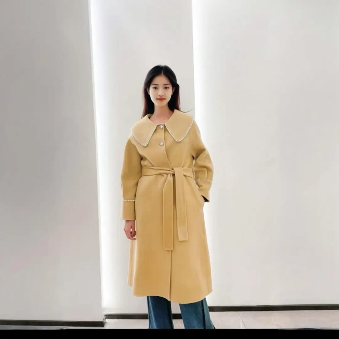 秋冬新款中长款娃娃领双面呢大衣女时尚百搭减龄