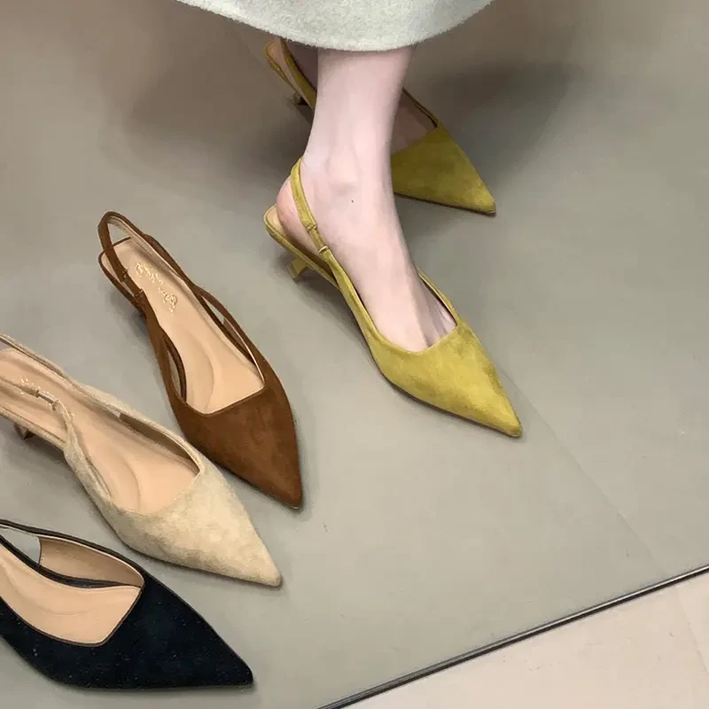 复古气质包头尖头凉鞋女夏季绒面细跟时尚高跟鞋浅口后空单鞋