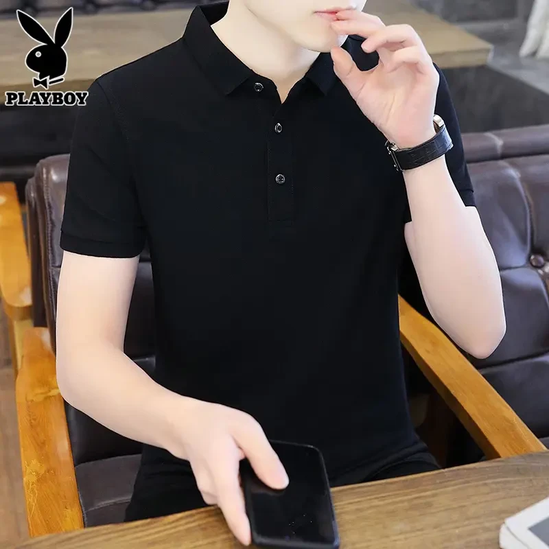 PLAYBOY黑色短袖T恤男士polo衫2025夏季薄款潮流宽松休闲翻领体恤
