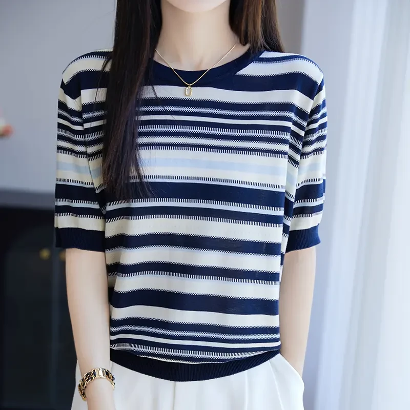 品牌2025时尚夏季薄款针织衫T恤时尚圆领条纹短袖宽松休闲上衣
