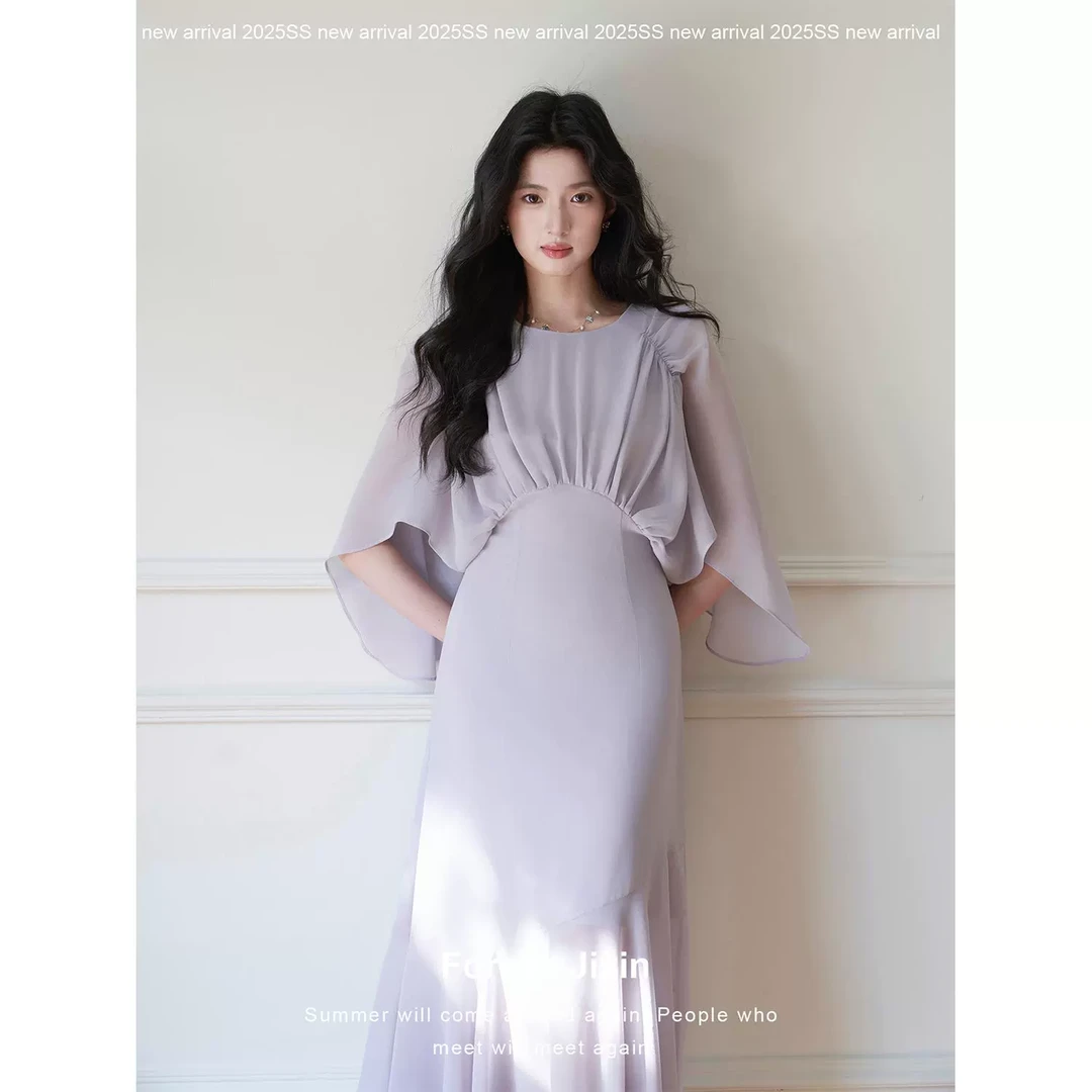 25.SS上新/香芋紫通勤气质OL收腰显瘦高腰披肩垂感气质连衣裙