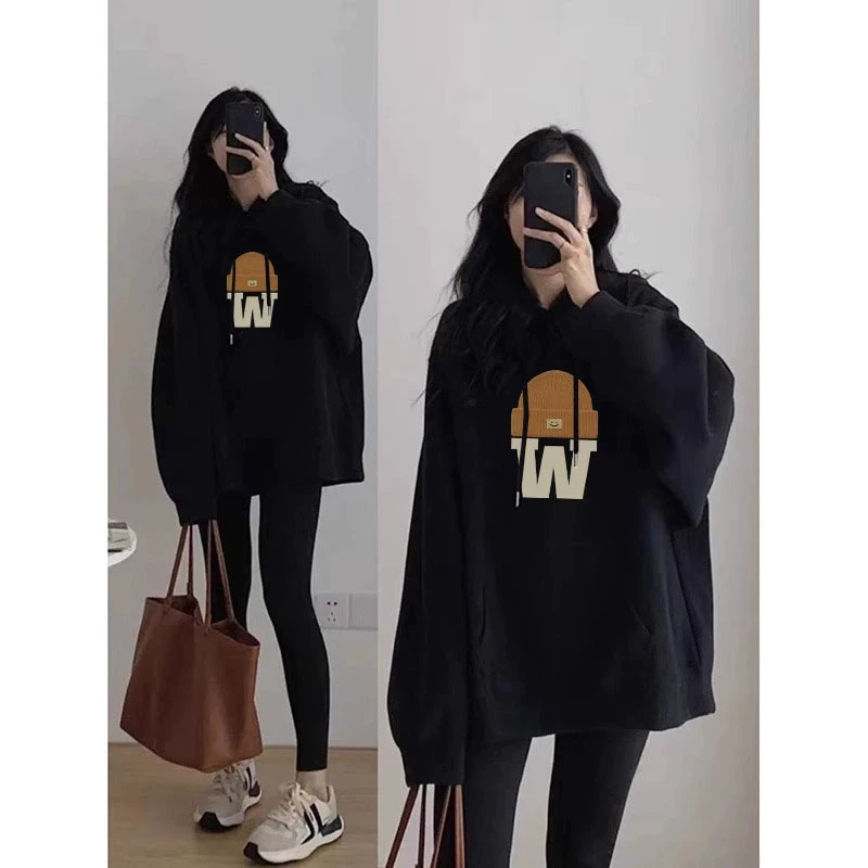 韩系高级感oversize黑色连帽卫衣女2025秋冬季新款遮屁股宽松上衣