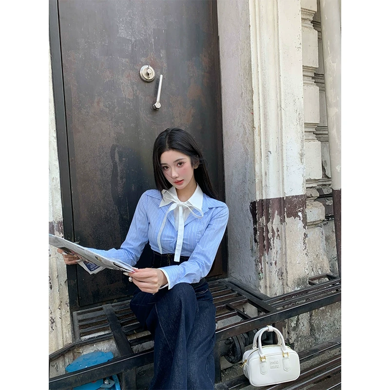 Barb Chill假两件翻蓝色条纹翻领辣妹早春夏长袖衬衫收腰显瘦上衣