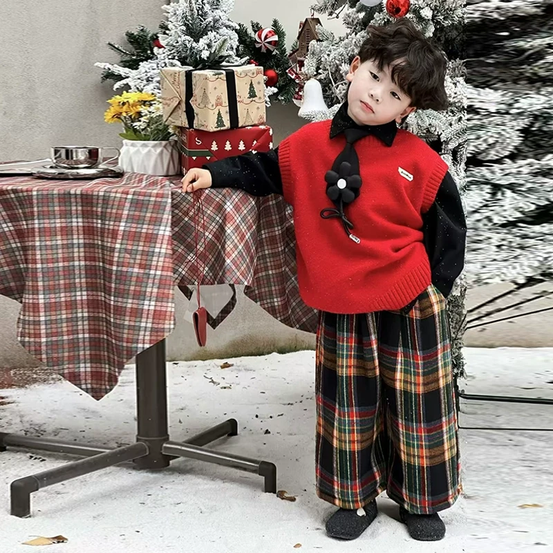 壹妈童装男童过年服春秋新款儿童学院风针织马甲时髦洋气毛衣背心