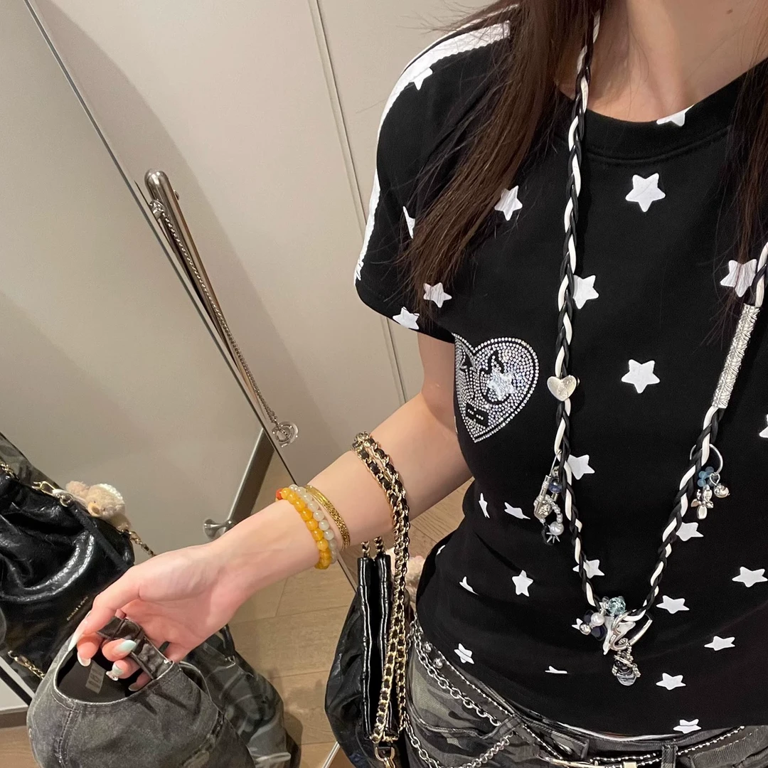 布零零满印星星美式正肩短袖T恤女修身显瘦宽松短款上衣潮不漏脐