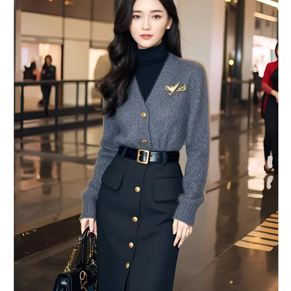 气质减龄小香风灰色针织上衣一整套入秋穿搭小个子半身裙职业套装