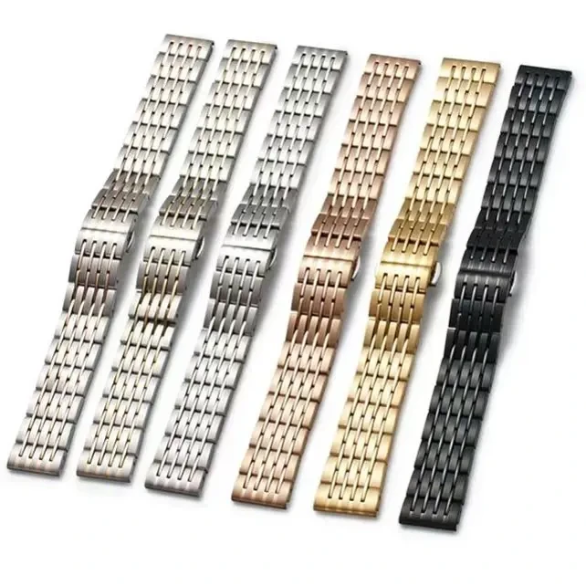 实心七珠不锈钢钢带蝴蝶扣通用手表表带男女款