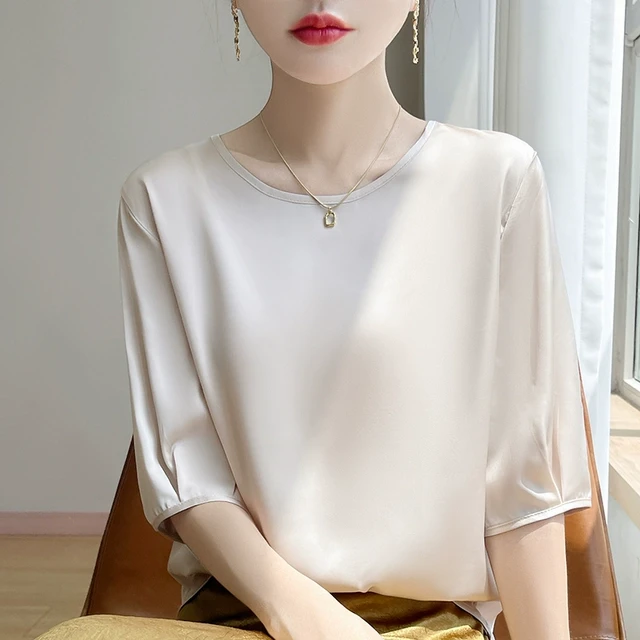 仿真丝半袖上衣女圆领宽松七分袖西服内搭纯色气质缎面气质打底衫