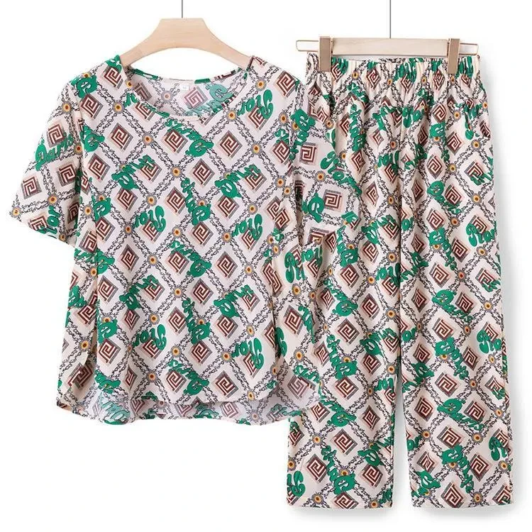 F243妈妈装中老年妈妈装短袖T恤套装夏季冰丝凉爽两件套洋气奶奶